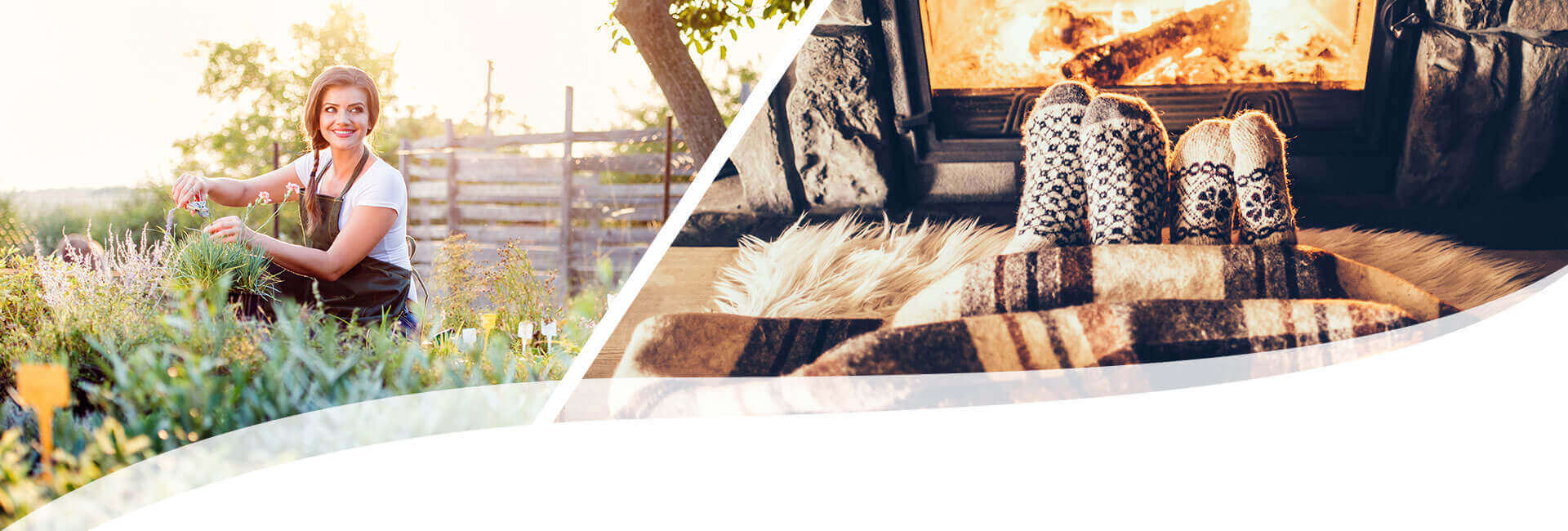 links eine lachende Frau bei der Gartenarbeit, rechts aus einer Decke ragen zwei paar Füße mit dicken Socken angezogen vor einem Kaminfeuer