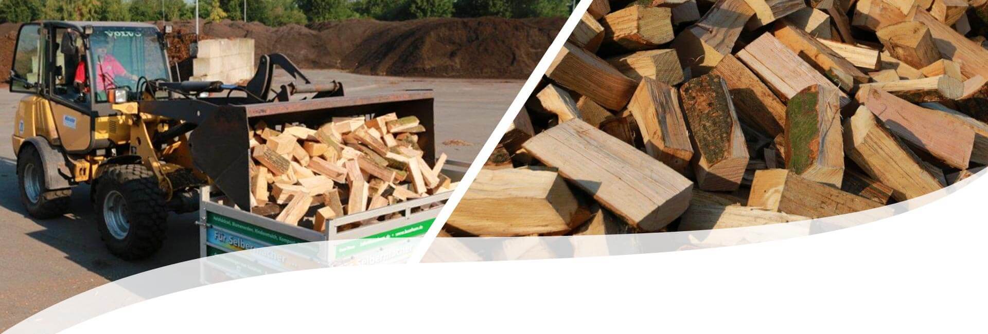 links ein Radlader, der Scheitholz ablädt, rechte eine Nahaufnahme von Scheitholz